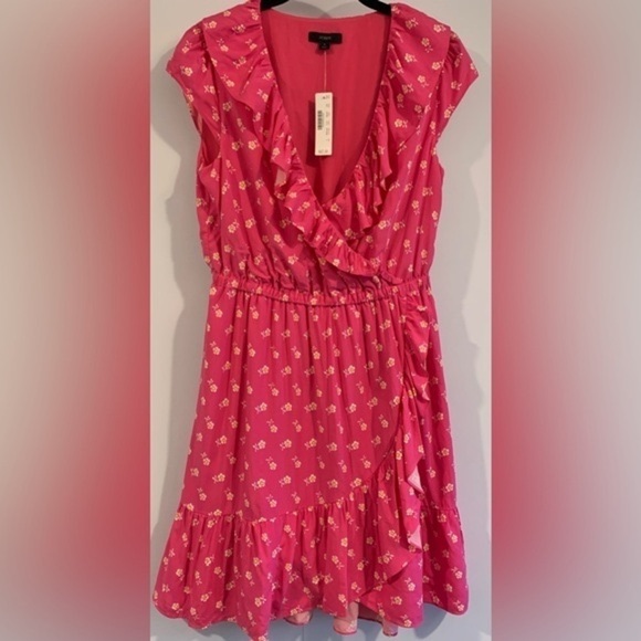 NWT, J. Crew Faux Wrap, Knee Length Dress in Fuchsia w/ Floral Pattern, Size 4 - Picture 2 of 12